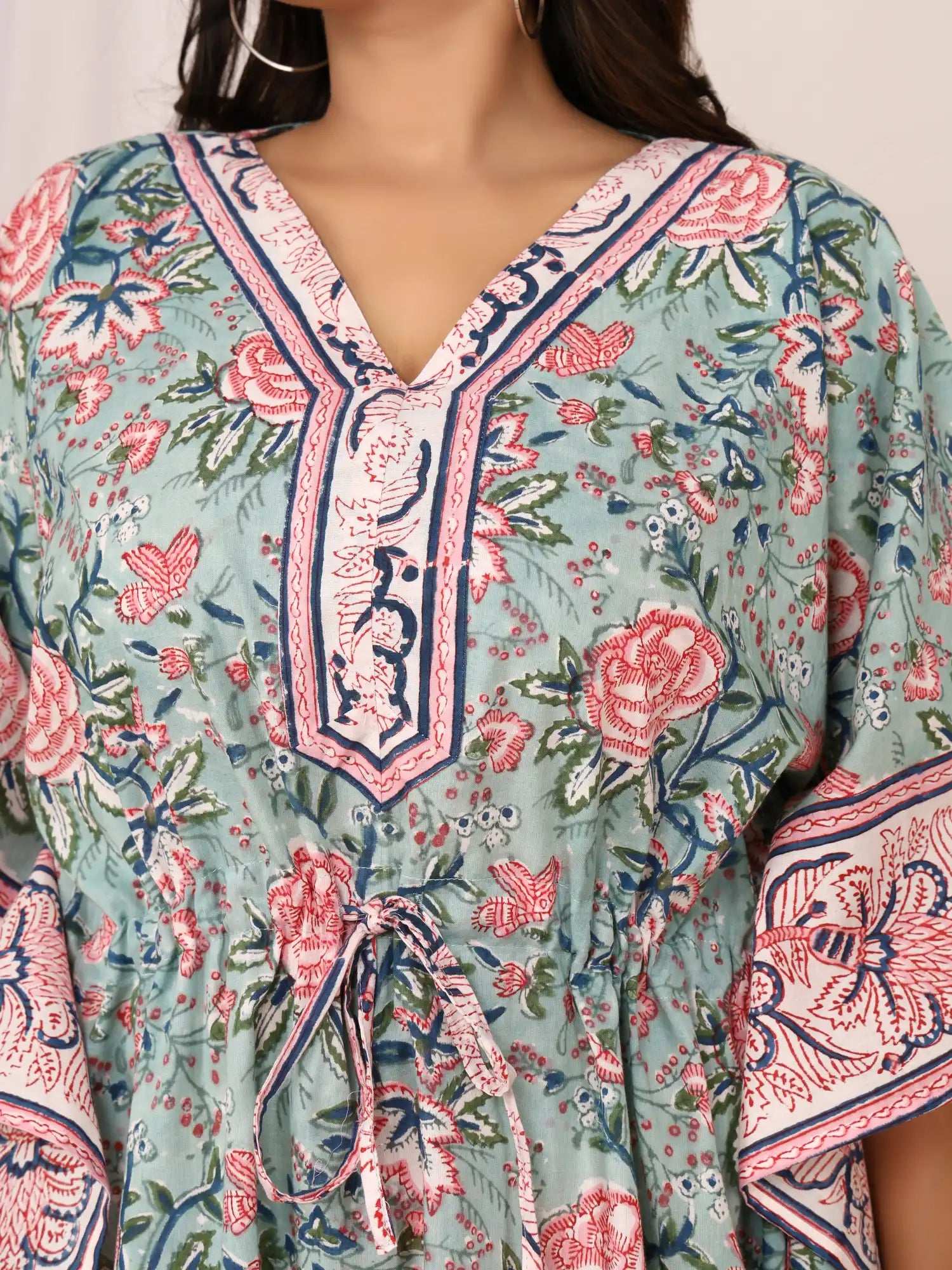 Sanganeri Floral Print Green & Pink Cotton Kaftan