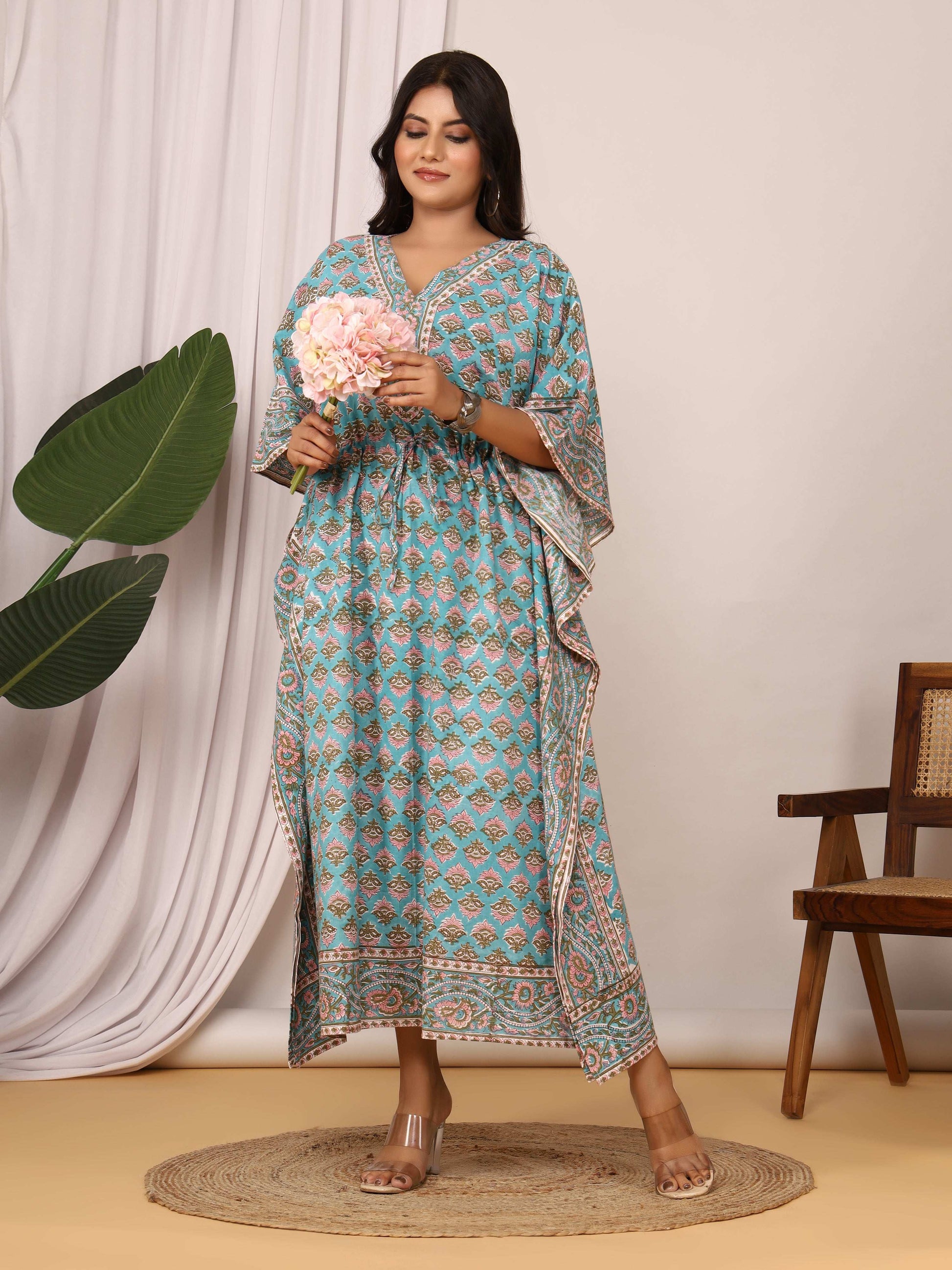 Sanganeri Block Buti Print Aqua Blue Cotton Kaftan