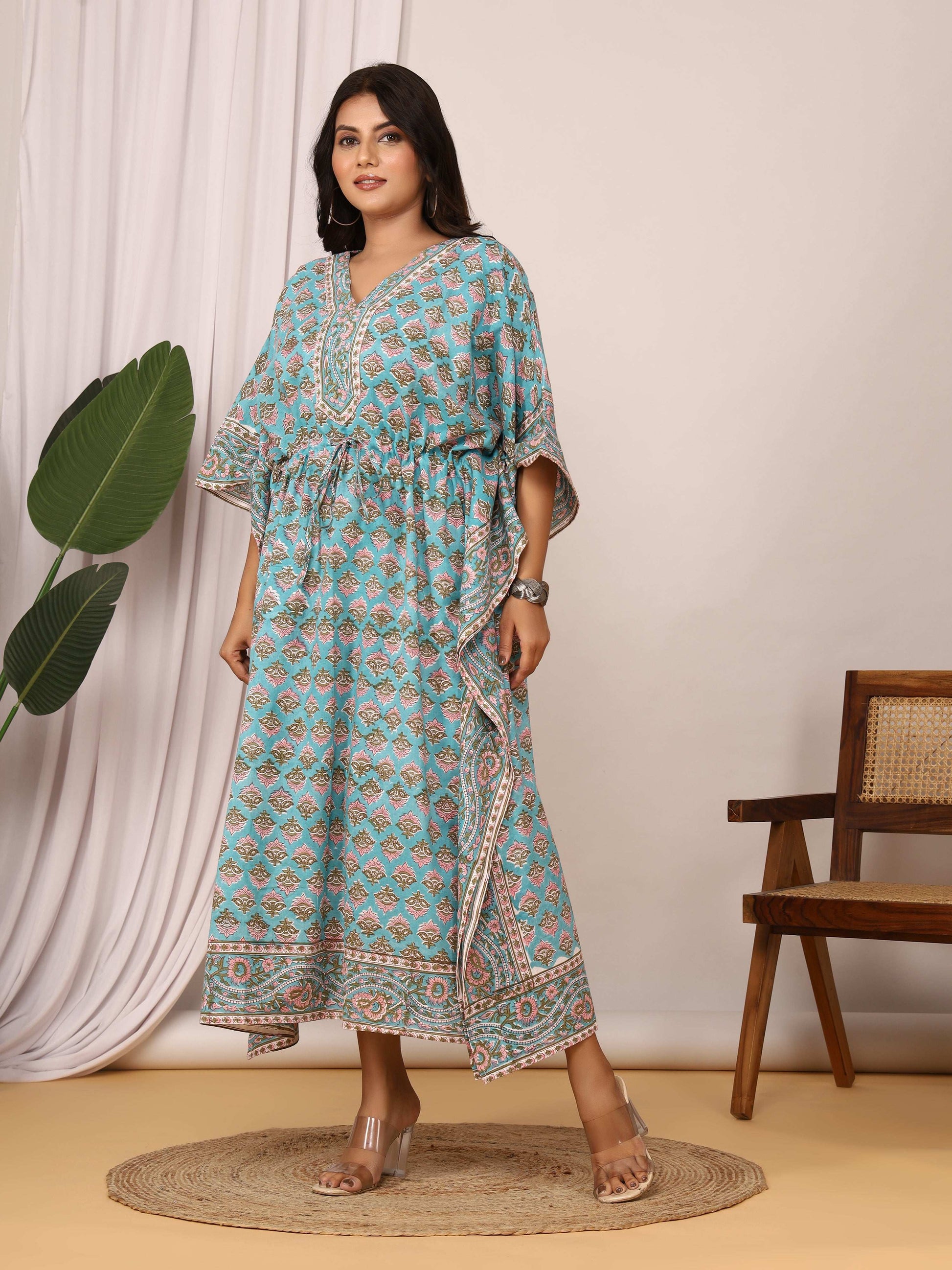 Sanganeri Block Buti Print Aqua Blue Cotton Kaftan