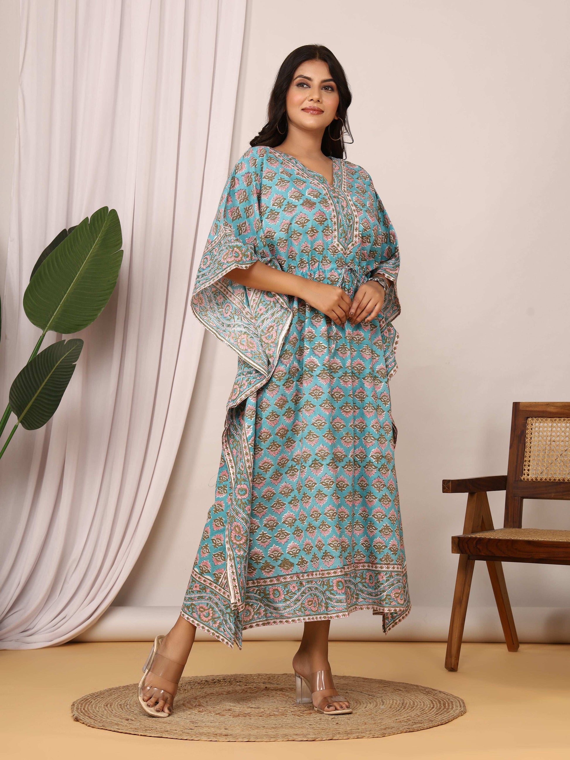 Sanganeri Block Buti Print Aqua Blue Cotton Kaftan