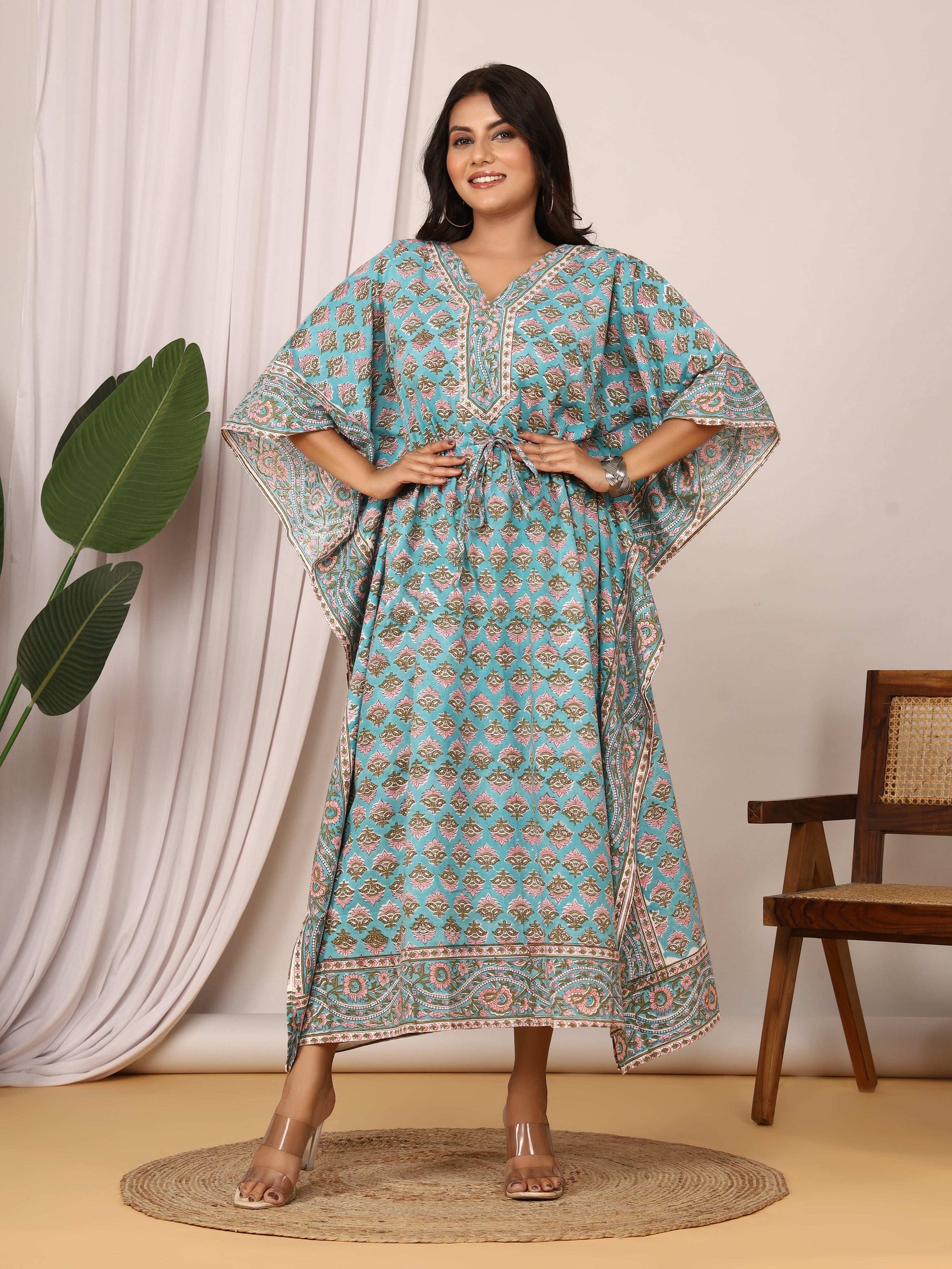 Sanganeri Block Buti Print Aqua Blue Cotton Kaftan