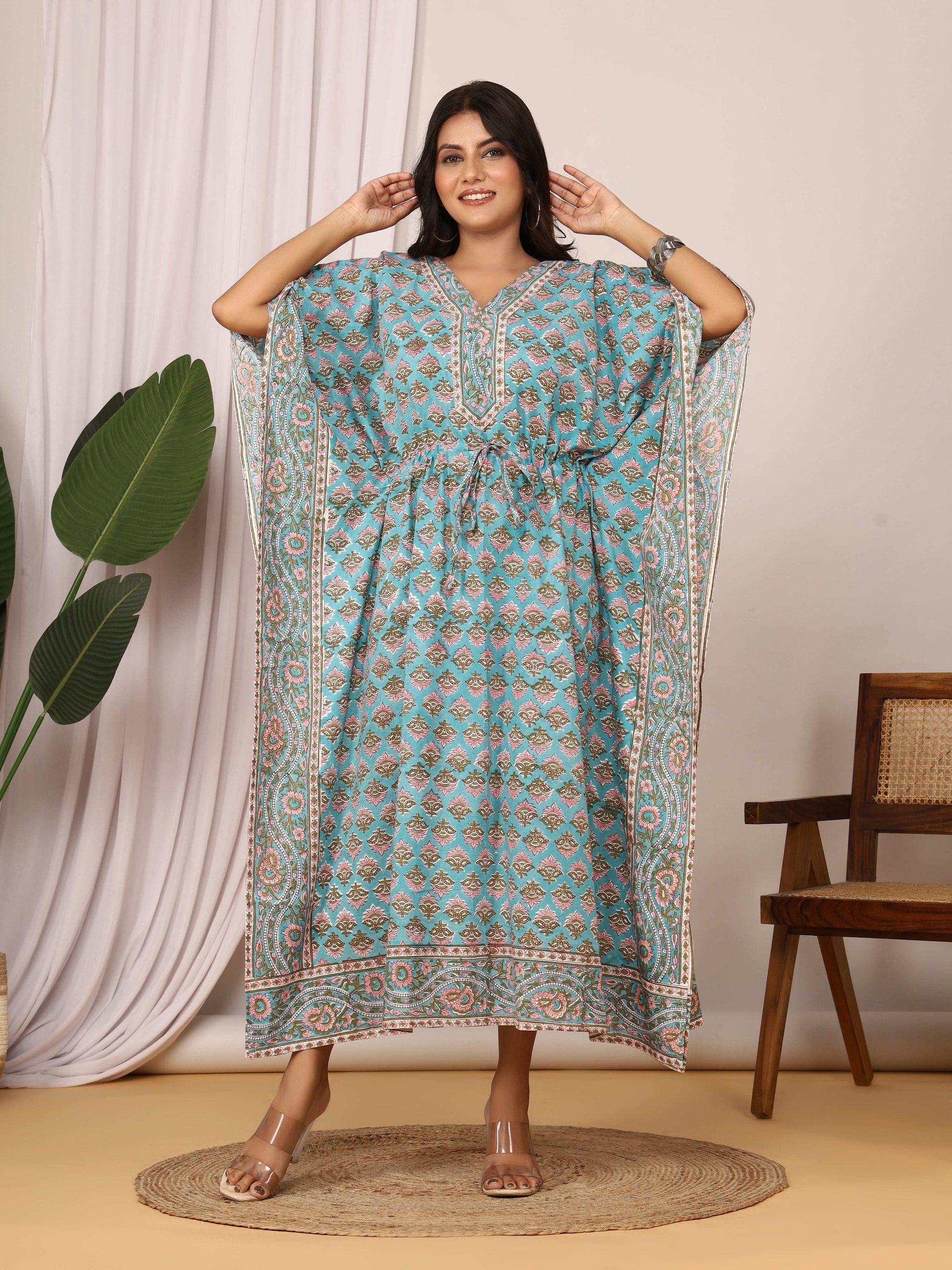 Sanganeri Block Buti Print Aqua Blue Cotton Kaftan