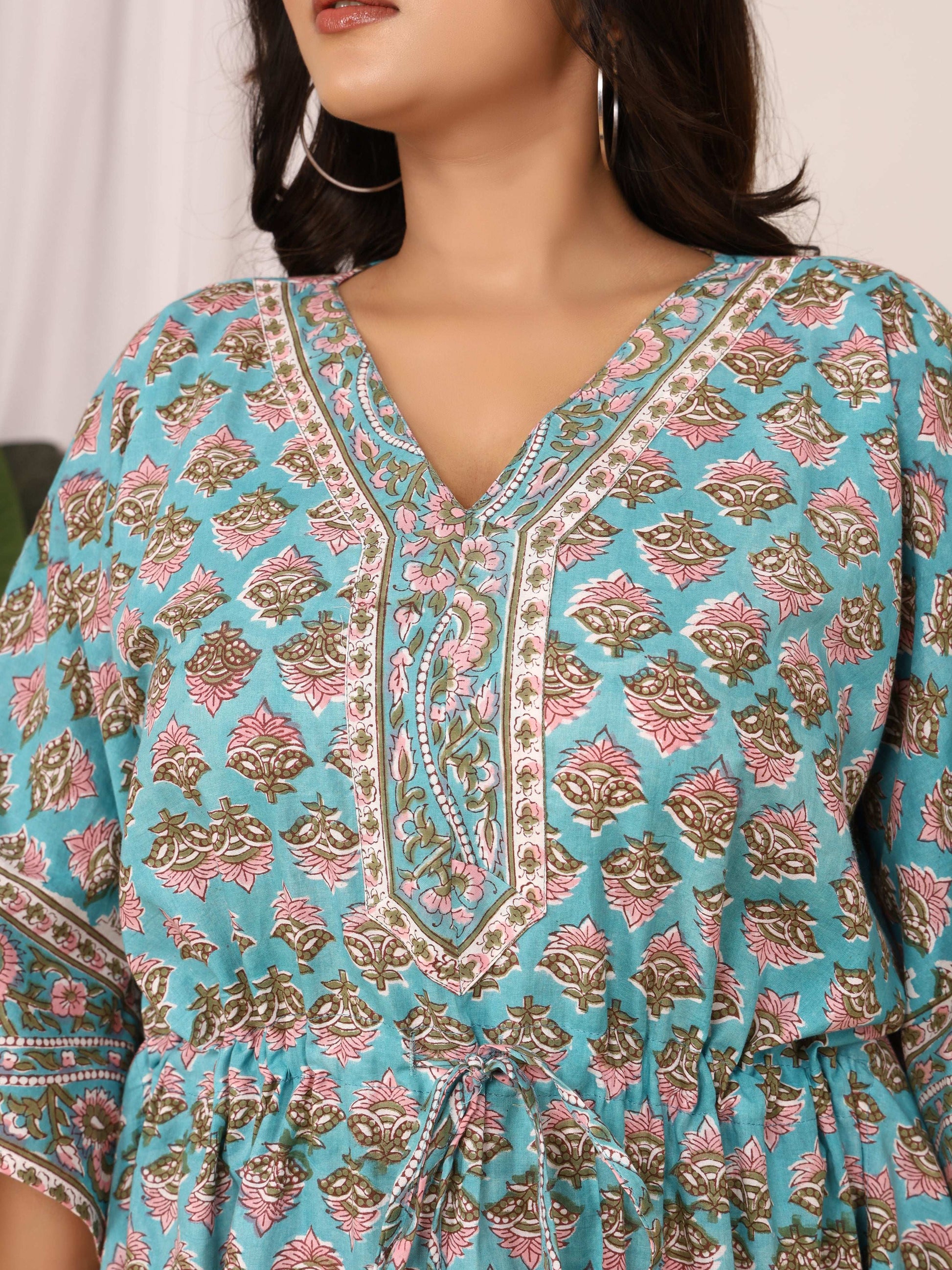 Sanganeri Block Buti Print Aqua Blue Cotton Kaftan