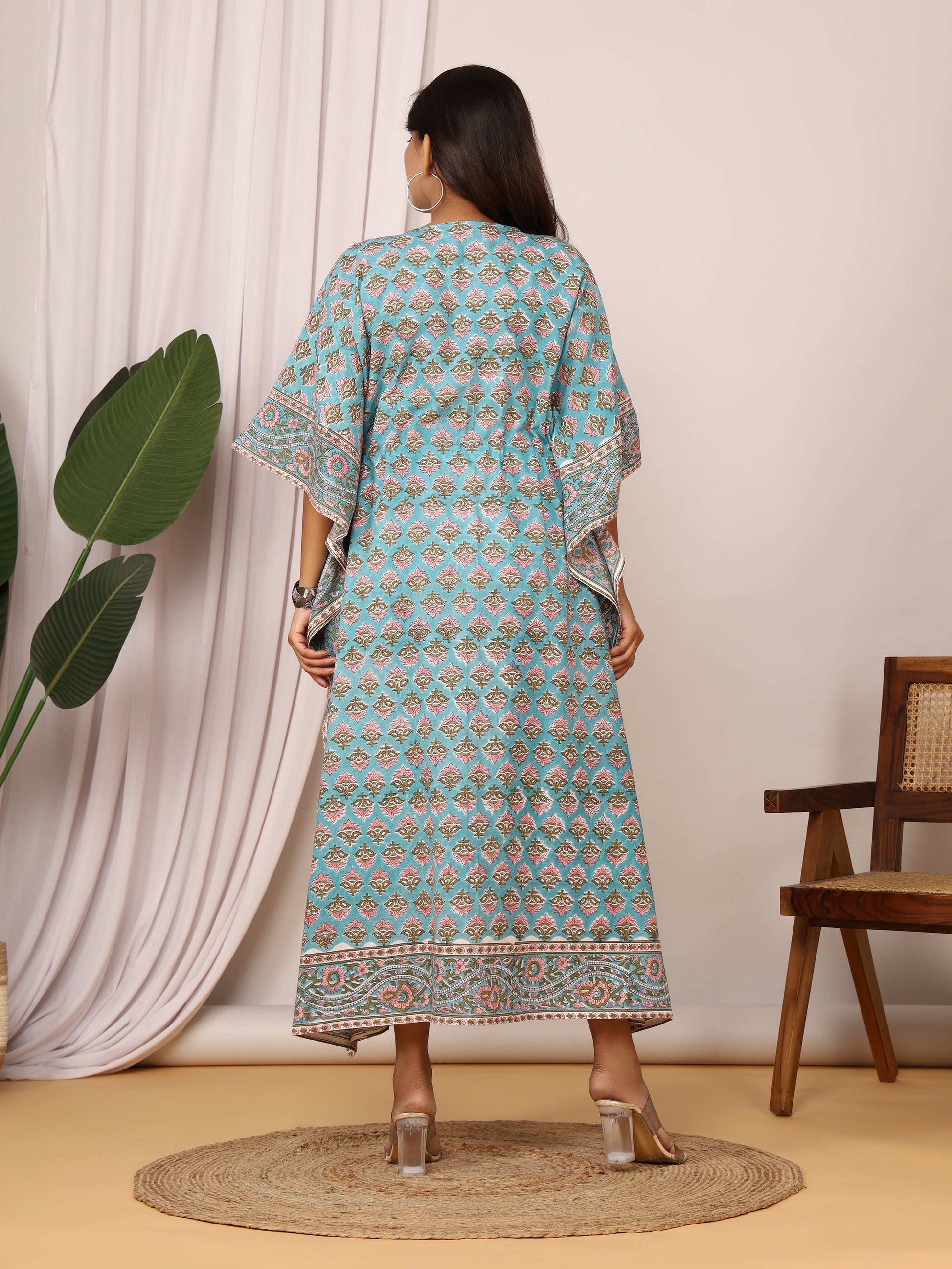 Sanganeri Block Buti Print Aqua Blue Cotton Kaftan