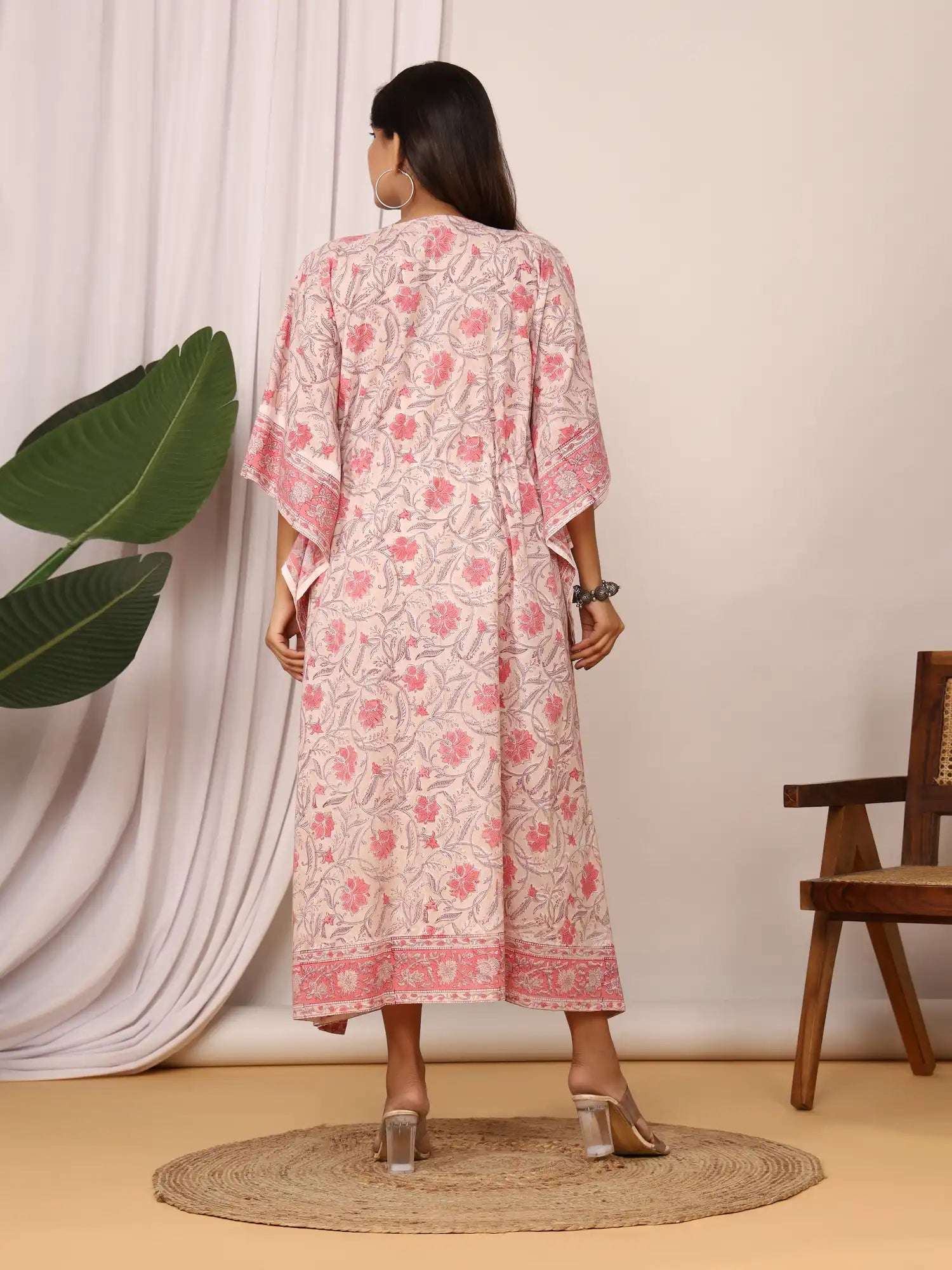 Sanganeri Floral Print Blush Pink Cotton Kaftan
