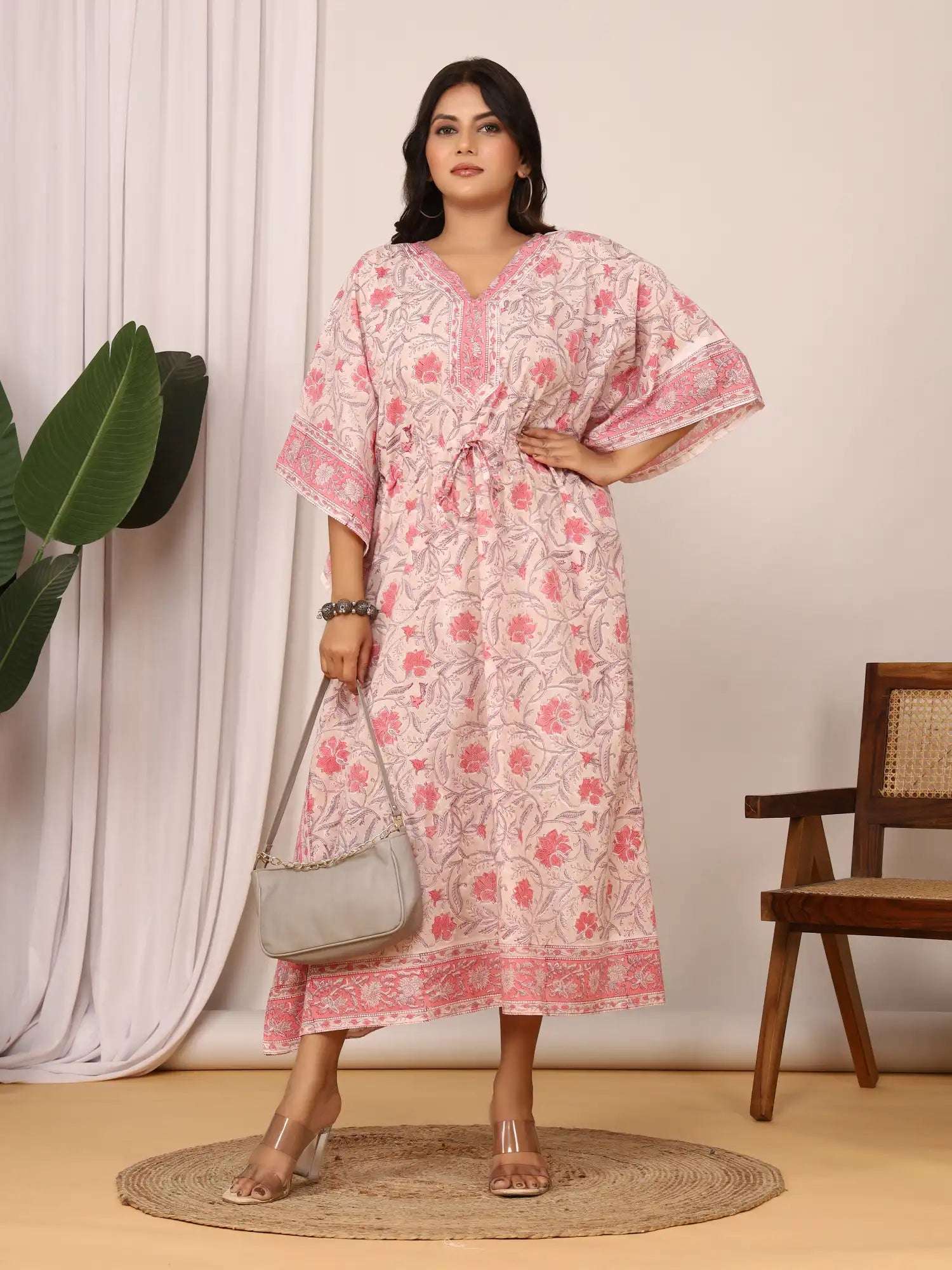 Sanganeri Floral Print Blush Pink Cotton Kaftan