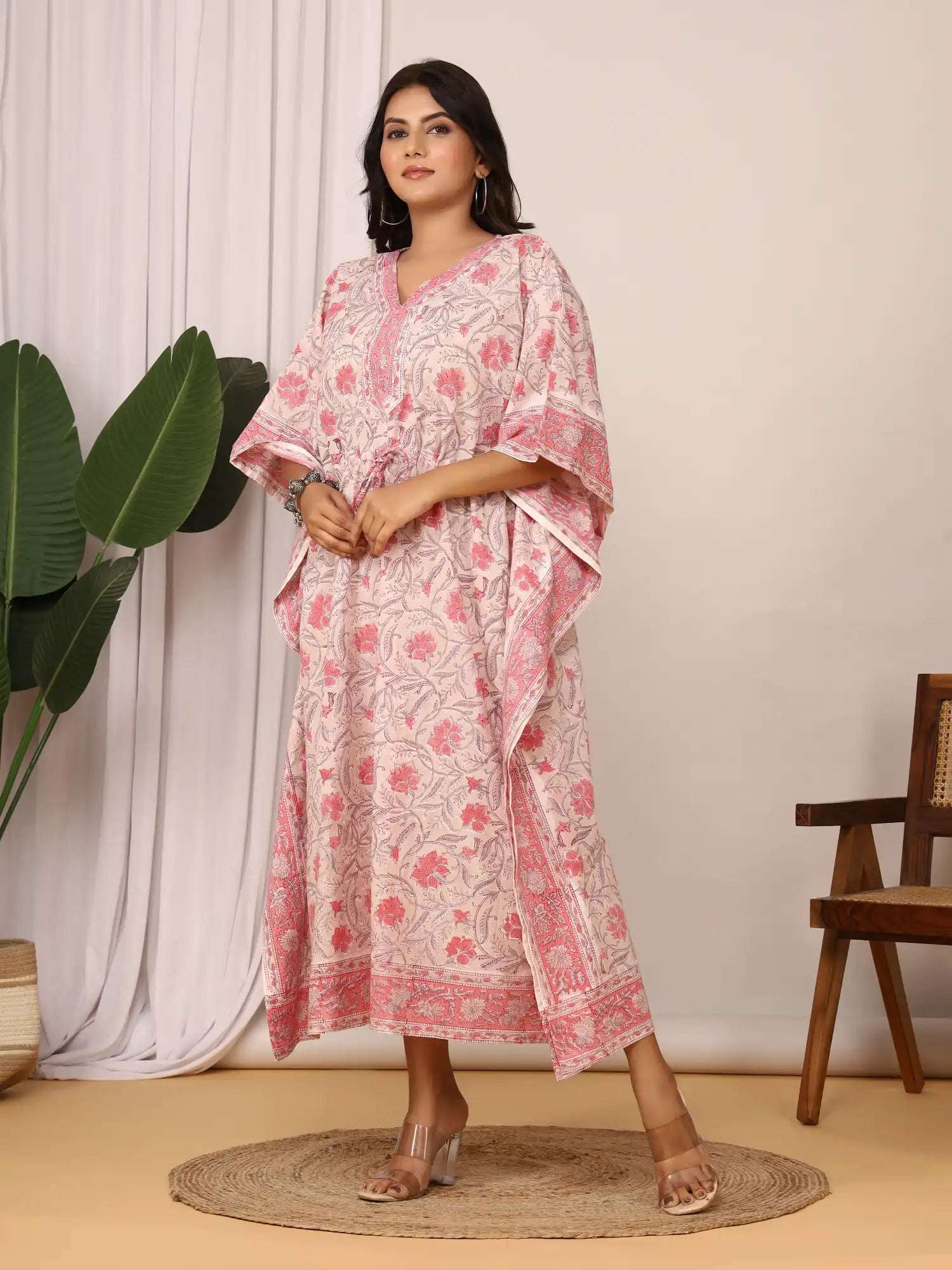 Sanganeri Floral Print Blush Pink Cotton Kaftan