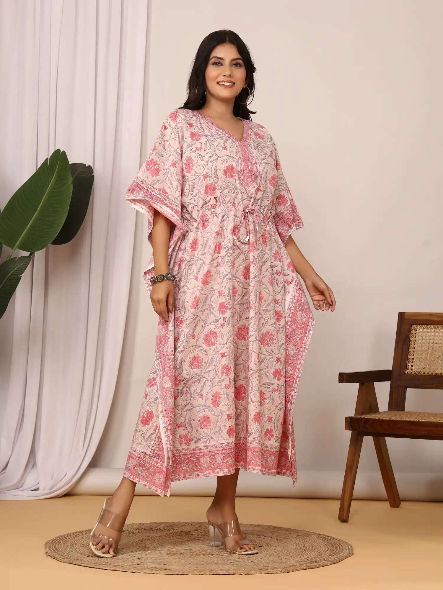 Sanganeri Floral Print Blush Pink Cotton Kaftan