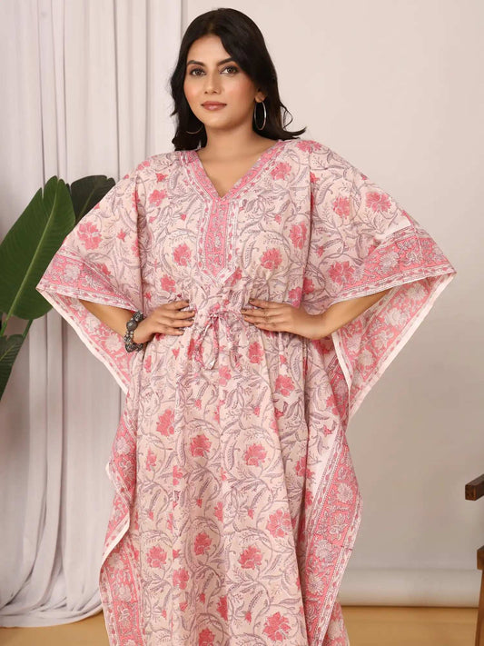Sanganeri Floral Print Blush Pink Cotton Kaftan