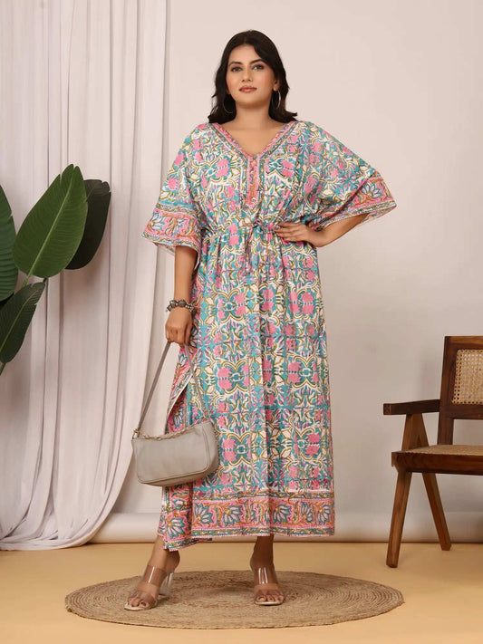 Sanganeri Floral Print Soft Aqua Blue & Pink Cotton Kaftan
