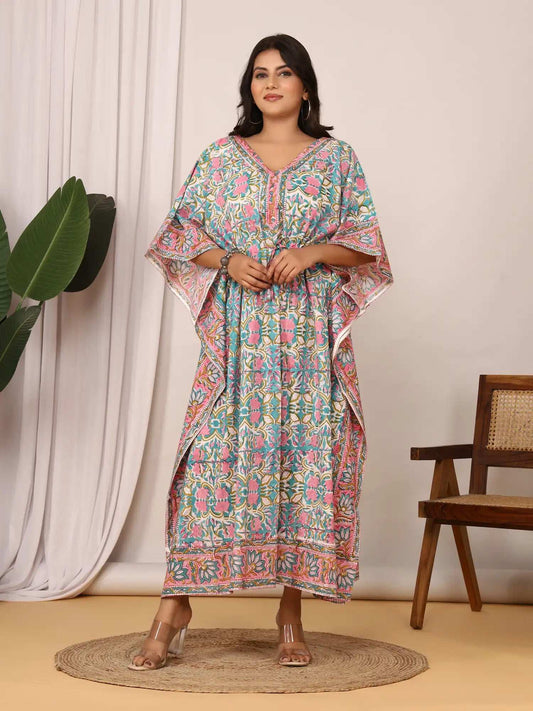 Sanganeri Floral Print Soft Aqua Blue & Pink Cotton Kaftan