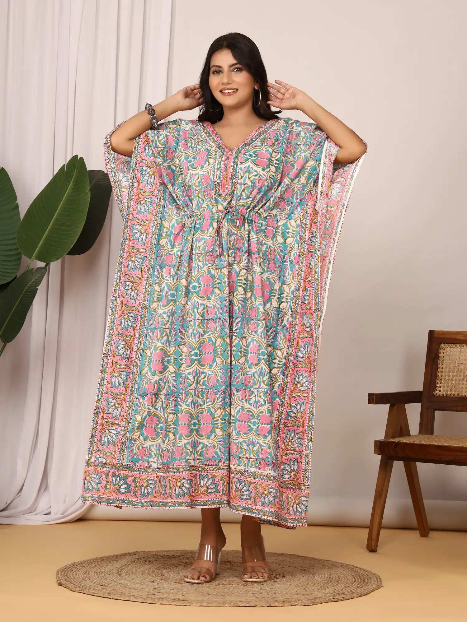 Sanganeri Floral Print Soft Aqua Blue & Pink Cotton Kaftan