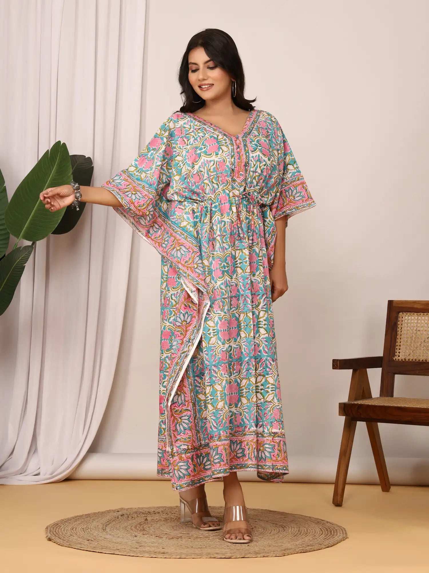 Sanganeri Floral Print Soft Aqua Blue & Pink Cotton Kaftan