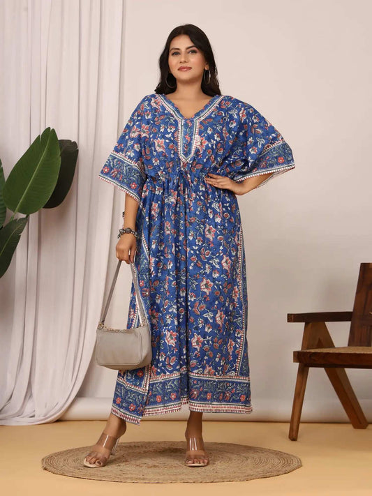 Sanganeri Floral Print Soft Royal Blue & Peach Cotton Kaftan