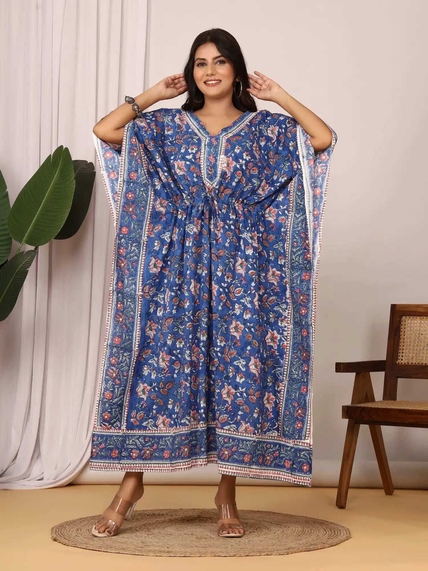 Sanganeri Floral Print Soft Royal Blue & Peach Cotton Kaftan