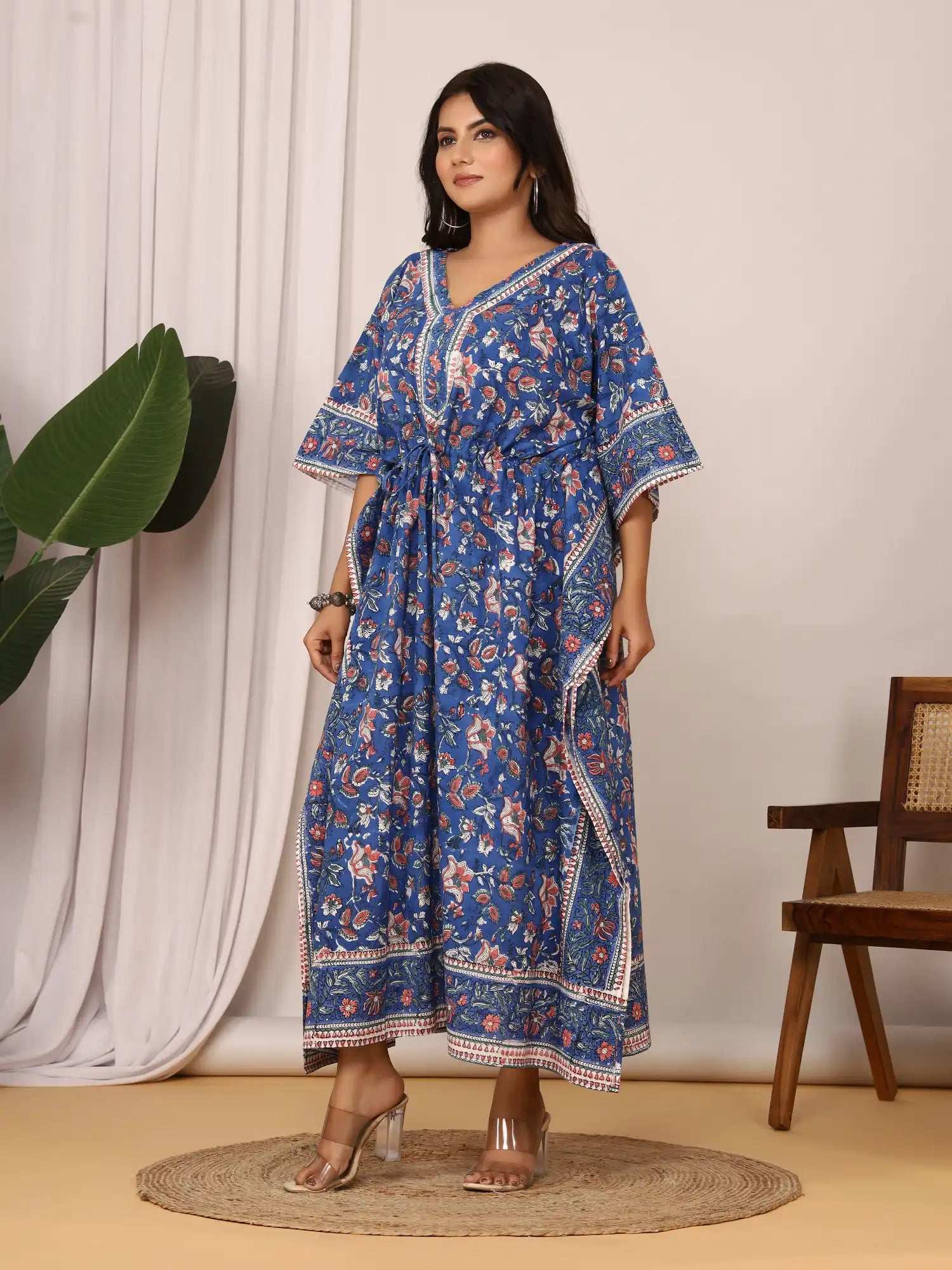 Sanganeri Floral Print Soft Royal Blue & Peach Cotton Kaftan
