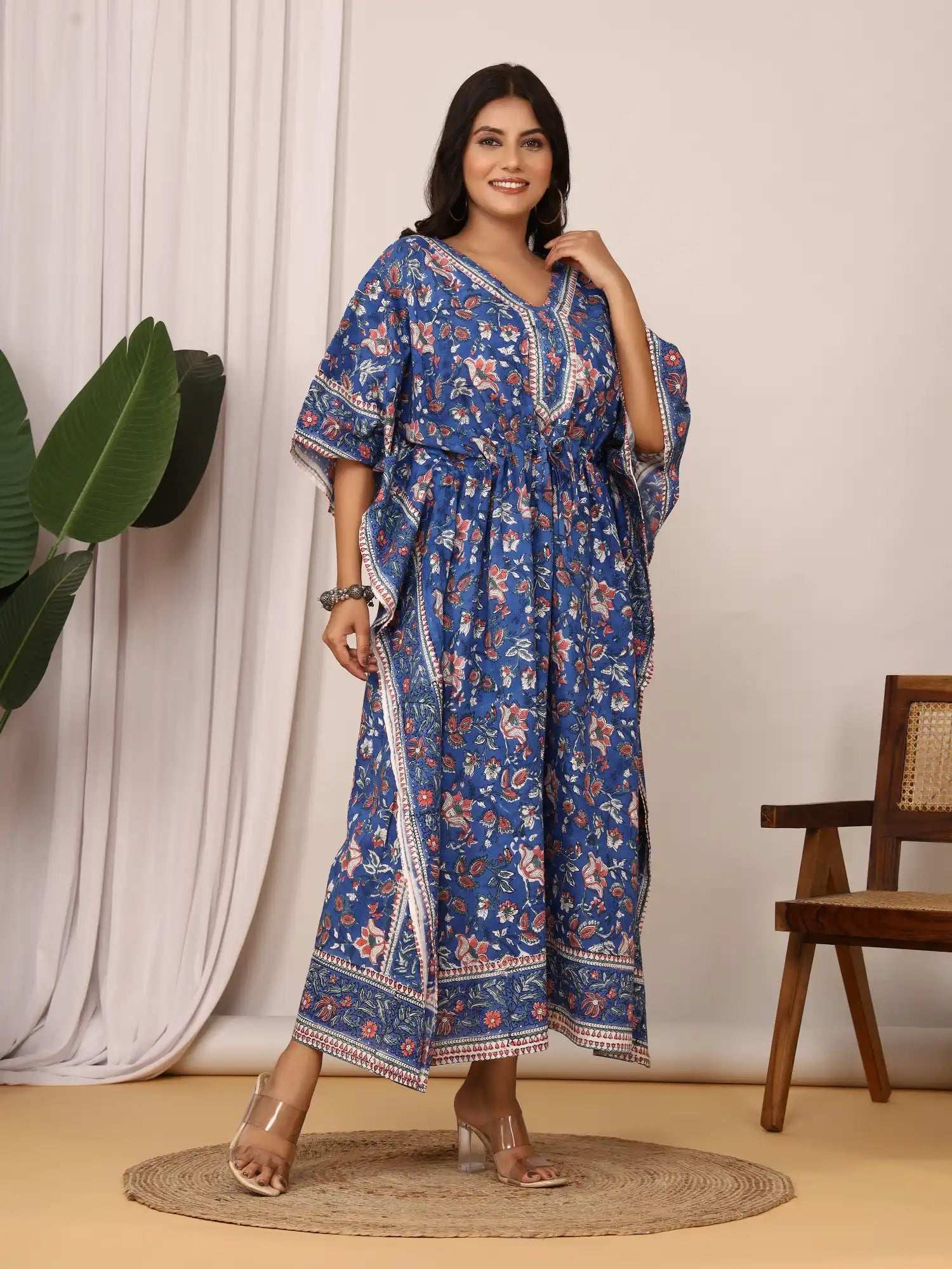 Sanganeri Floral Print Soft Royal Blue & Peach Cotton Kaftan
