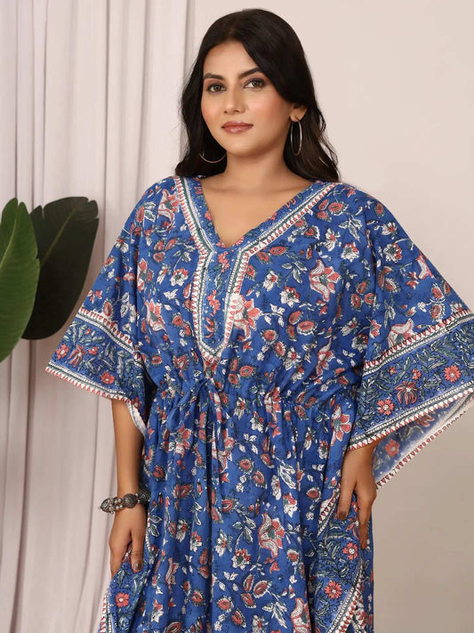 Sanganeri Floral Print Soft Royal Blue & Peach Cotton Kaftan