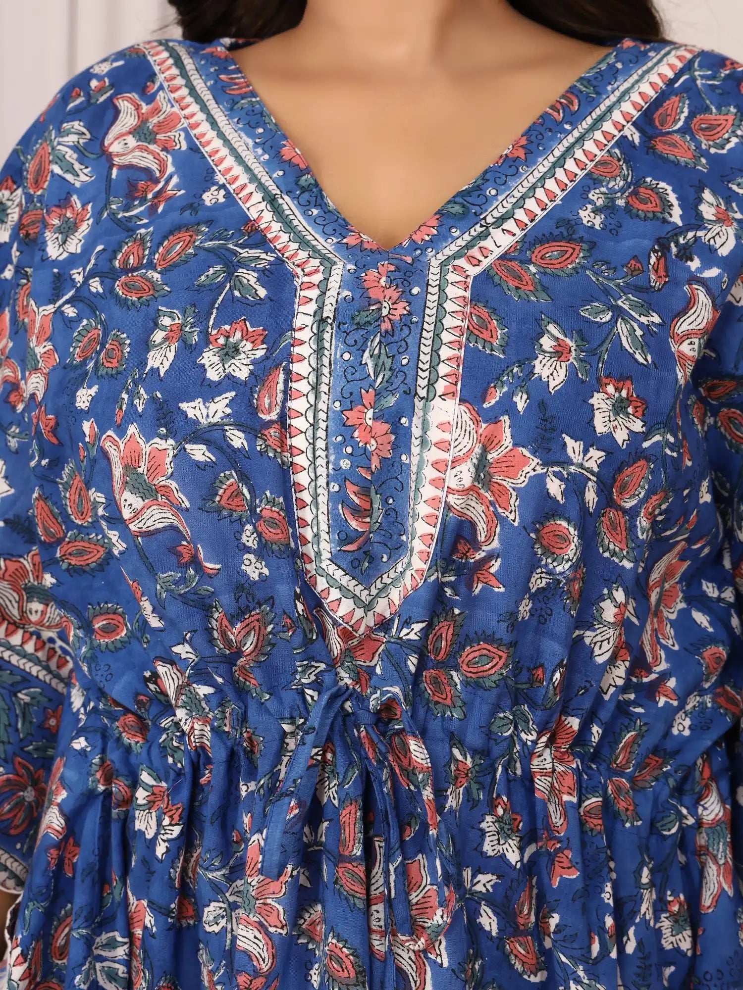 Sanganeri Floral Print Soft Royal Blue & Peach Cotton Kaftan