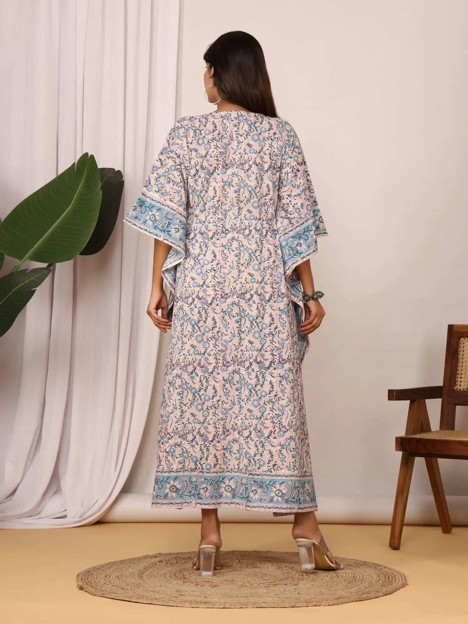 Sanganeri Floral Print Beige & Blue Cotton Kaftan