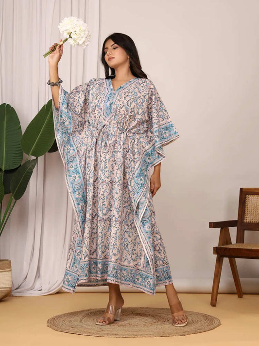 Sanganeri Floral Print Beige & Blue Cotton Kaftan