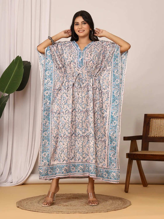 Sanganeri Floral Print Beige & Blue Cotton Kaftan