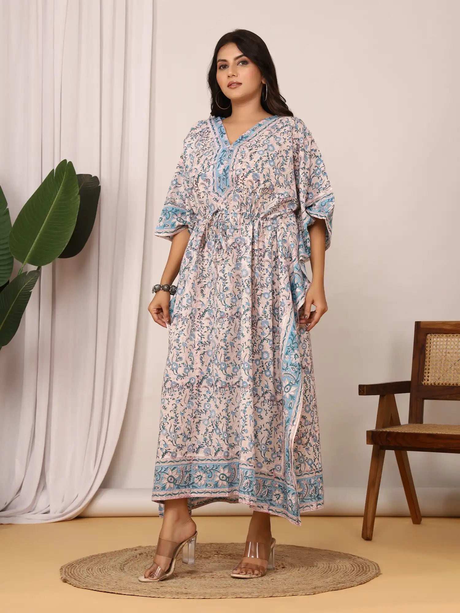 Sanganeri Floral Print Beige & Blue Cotton Kaftan