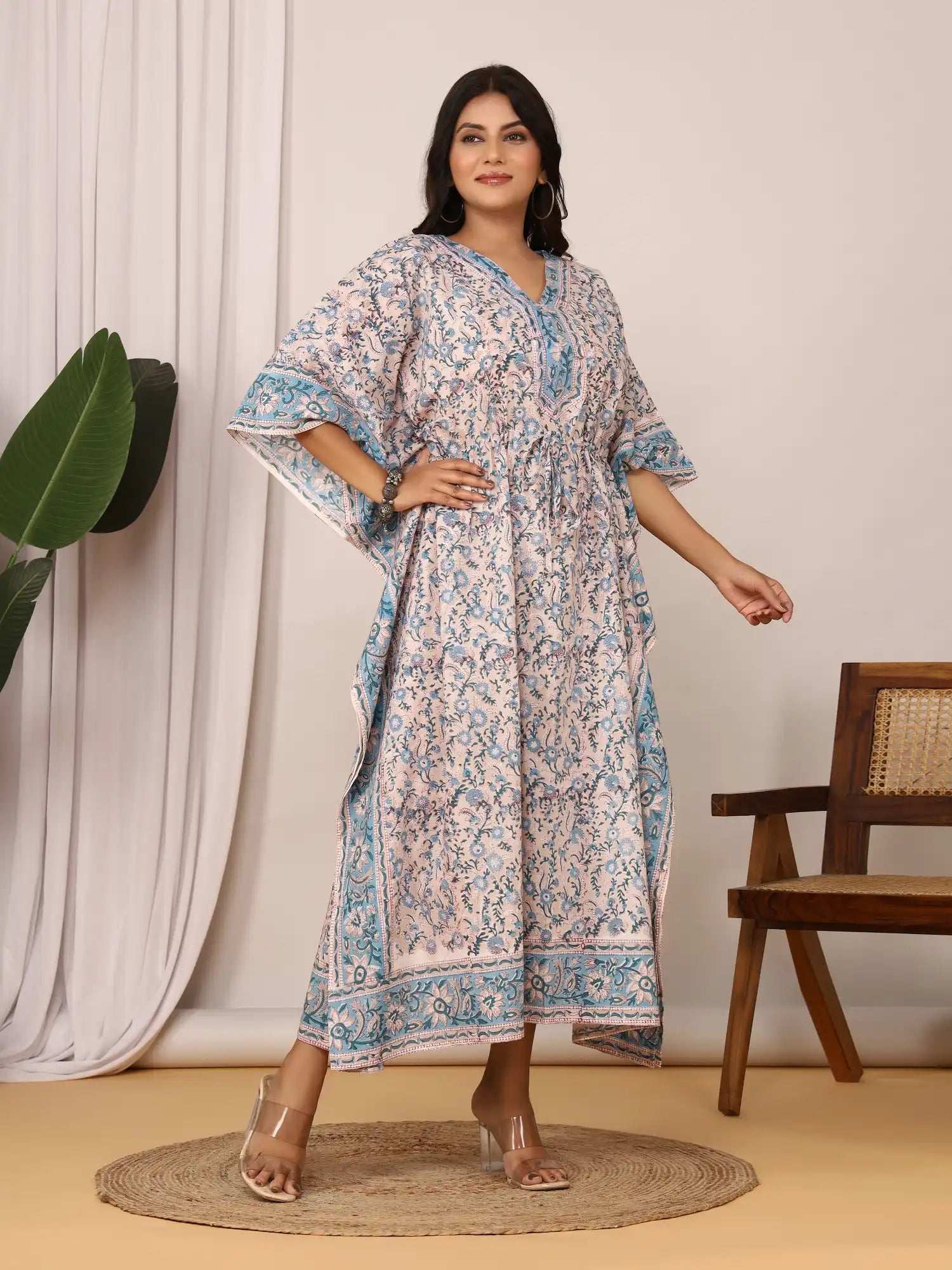Sanganeri Floral Print Beige & Blue Cotton Kaftan