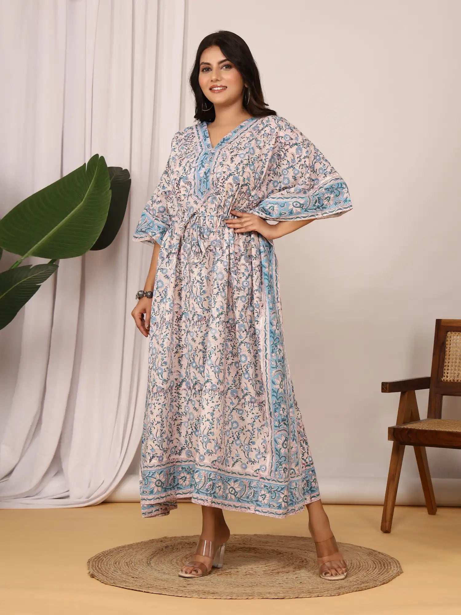 Sanganeri Floral Print Beige & Blue Cotton Kaftan