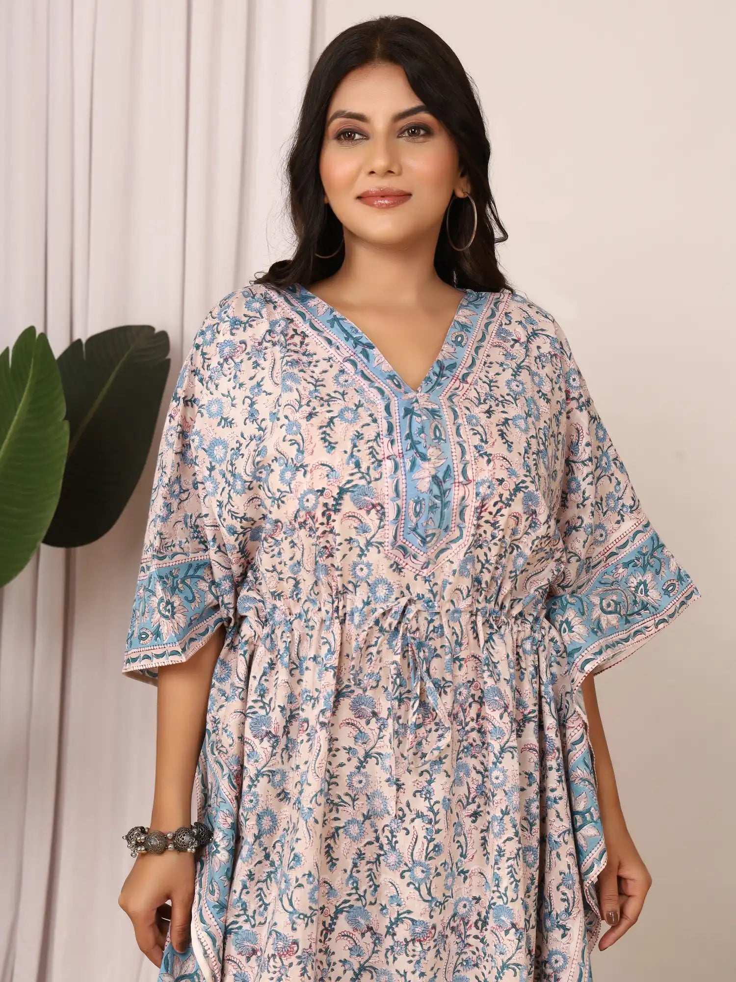 Sanganeri Floral Print Beige & Blue Cotton Kaftan