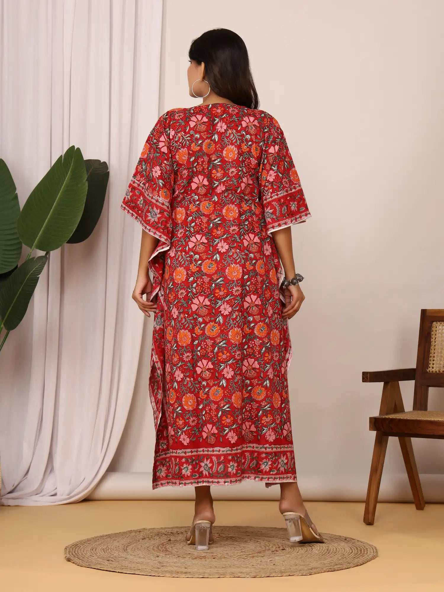 Sanganeri Floral Print Red & Pink Cotton Kaftan
