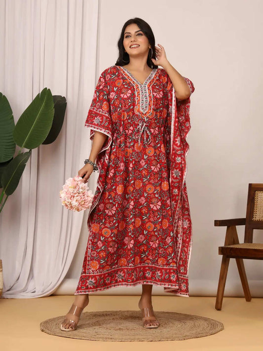 Sanganeri Floral Print Red & Pink Cotton Kaftan