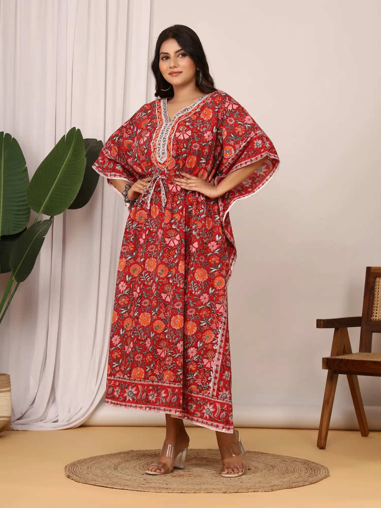 Sanganeri Floral Print Red & Pink Cotton Kaftan