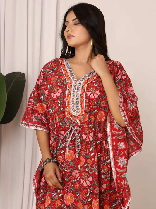 Sanganeri Floral Print Red & Pink Cotton Kaftan