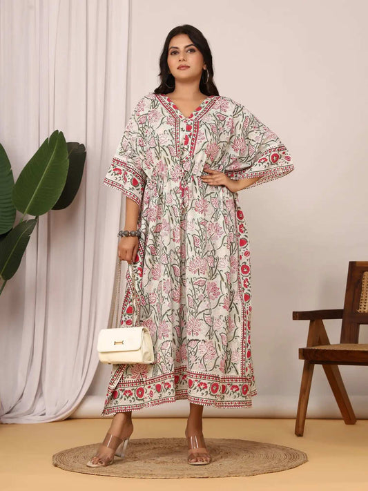 Sanganeri Floral Print Soft Green & Red Cotton Kaftan