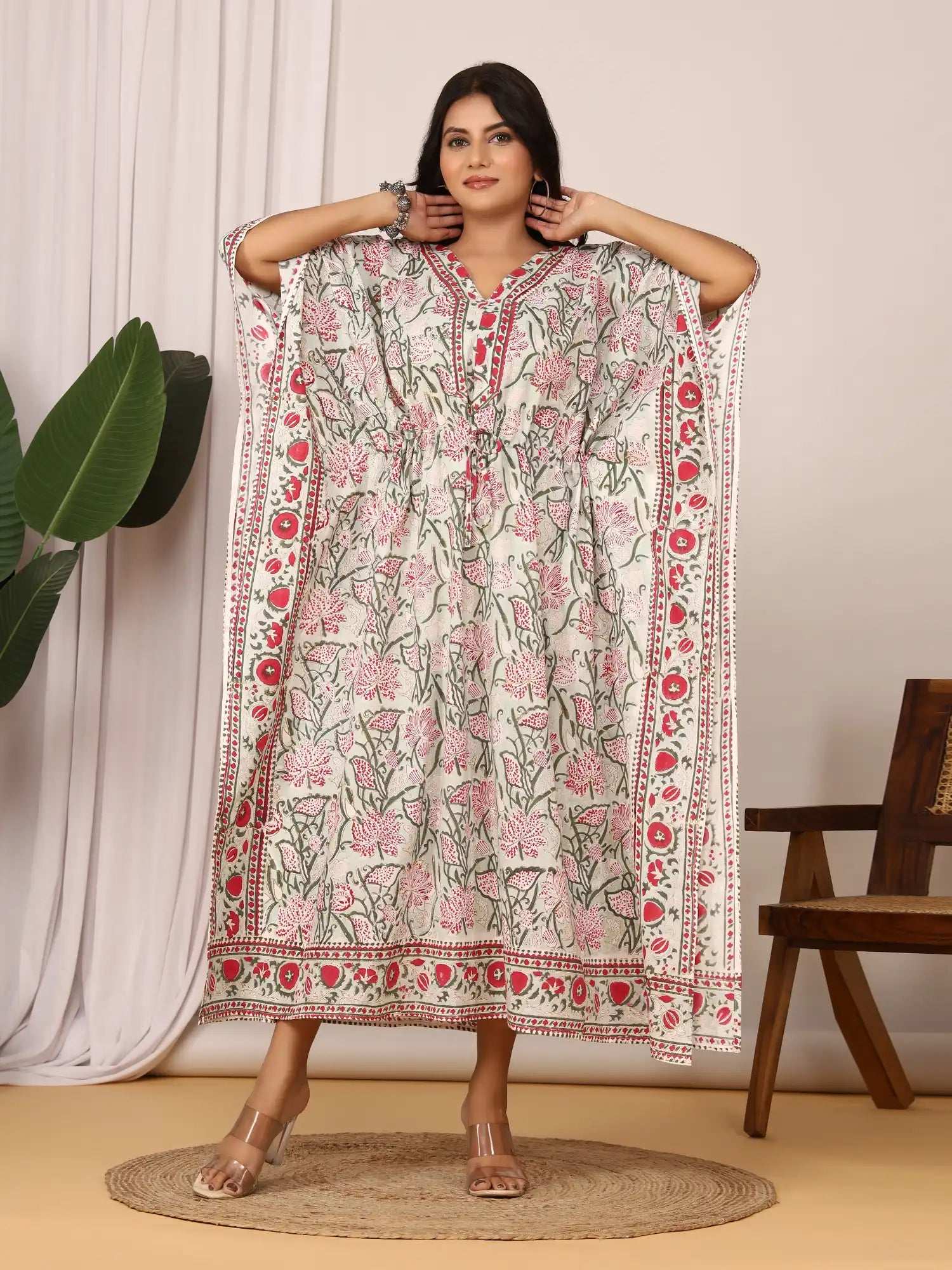 Sanganeri Floral Print Soft Green & Red Cotton Kaftan
