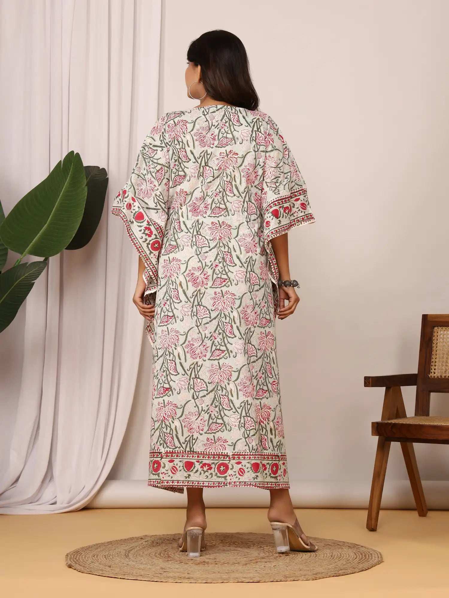 Sanganeri Floral Print Soft Green & Red Cotton Kaftan