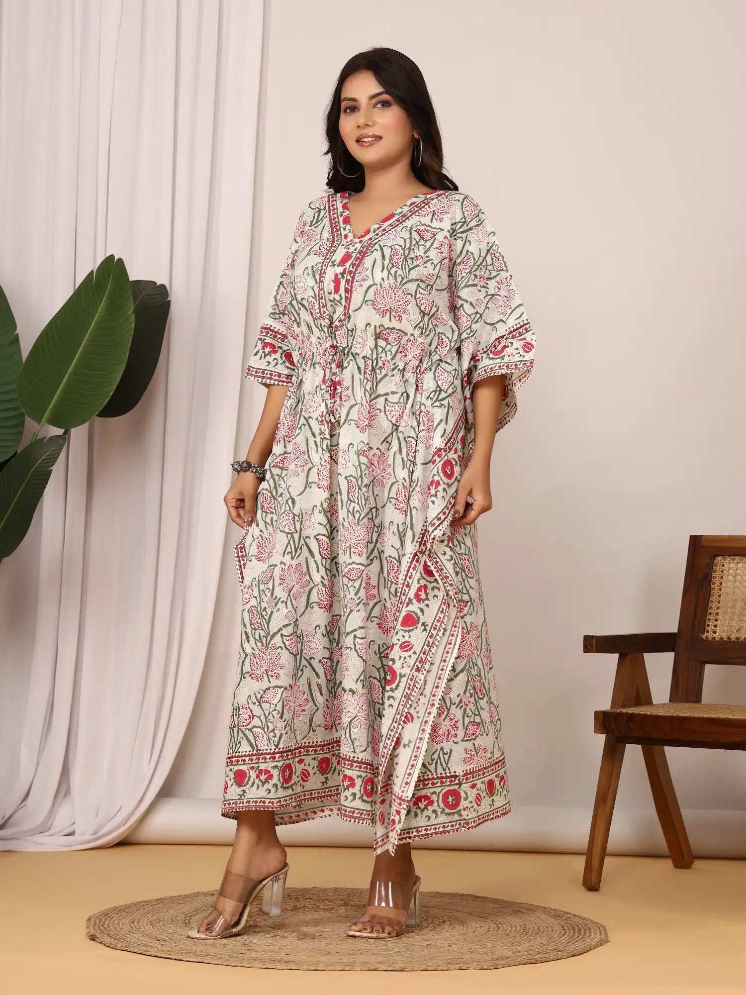 Sanganeri Floral Print Soft Green & Red Cotton Kaftan