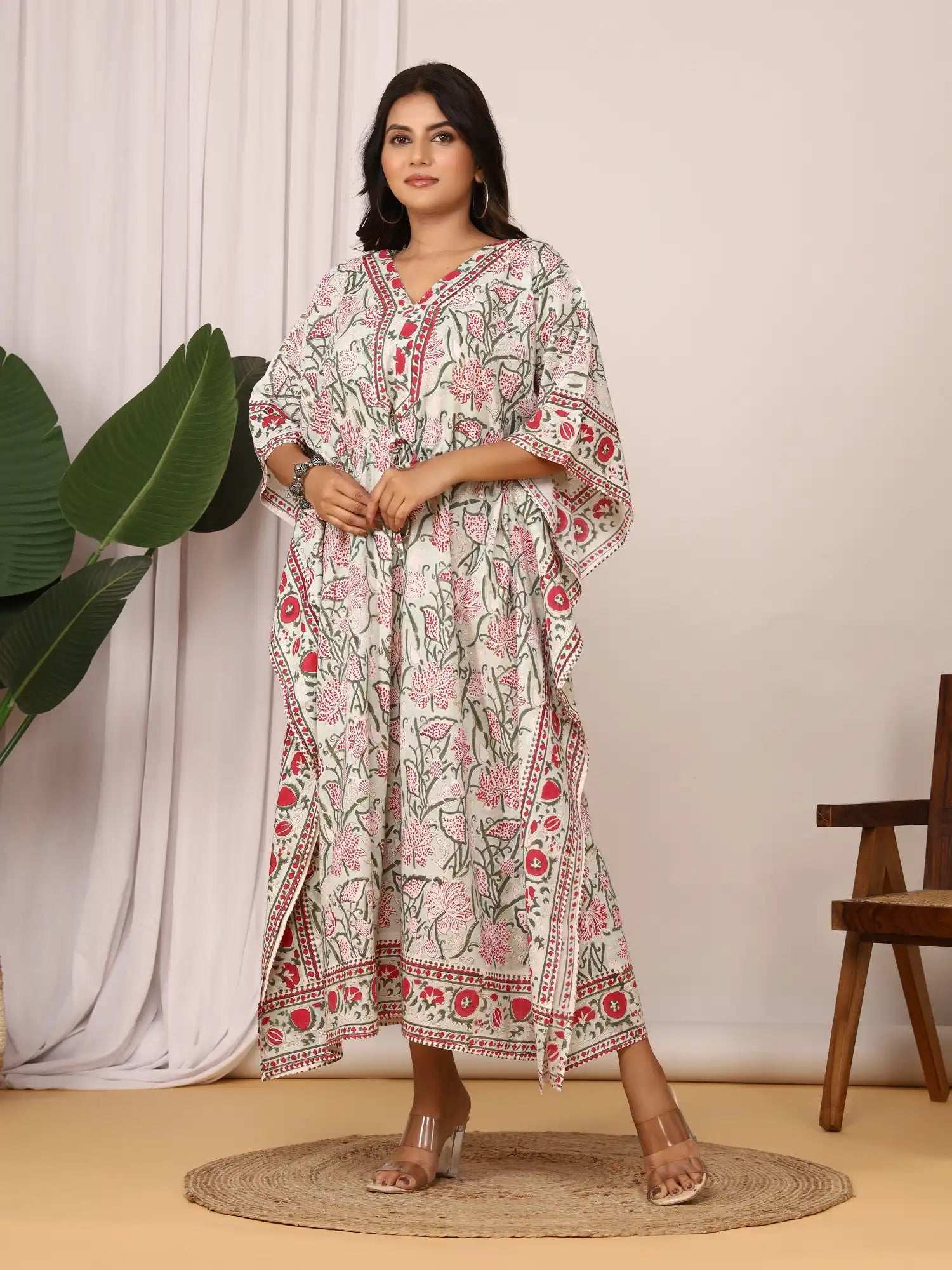 Sanganeri Floral Print Soft Green & Red Cotton Kaftan