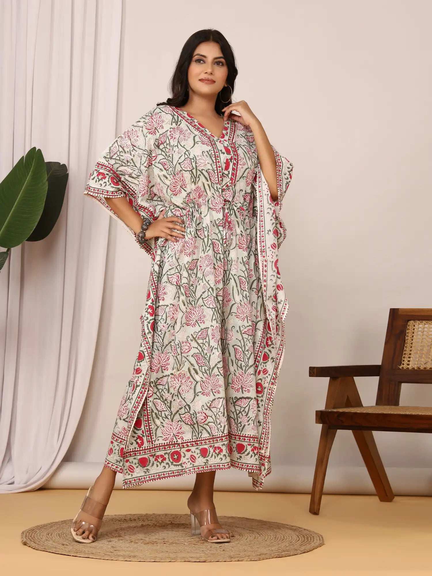 Sanganeri Floral Print Soft Green & Red Cotton Kaftan