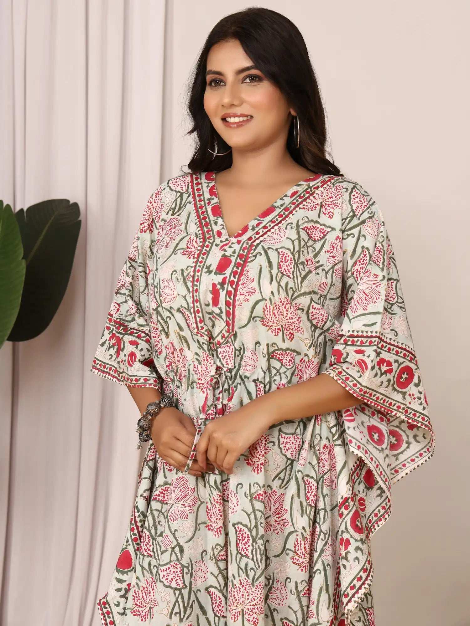 Sanganeri Floral Print Soft Green & Red Cotton Kaftan