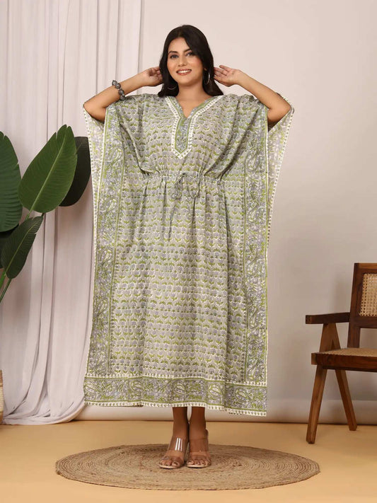 Sanganeri Tulip & Leaf Print Green & Grey Cotton Kaftan