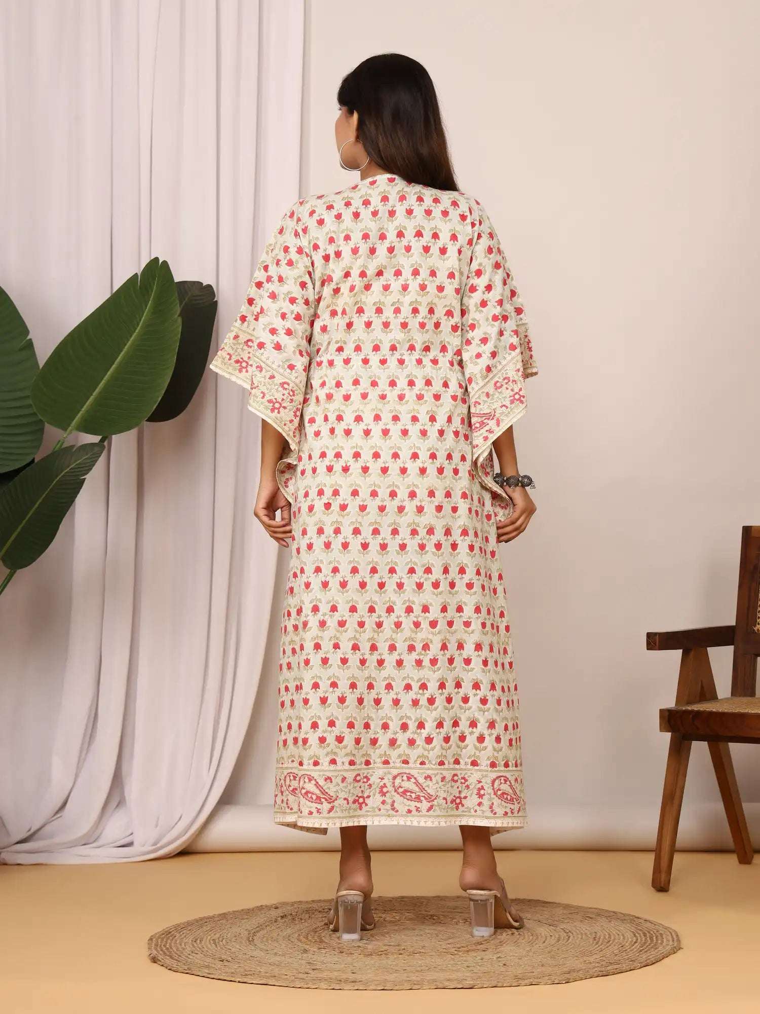 Sanganeri Tulip Flower Print Pastel Green & Red Cotton Kaftan