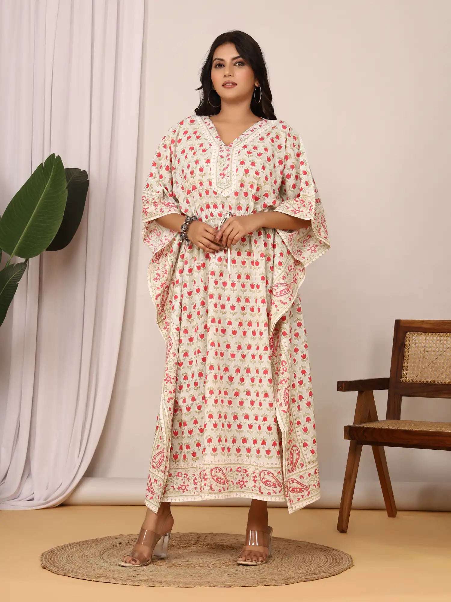 Sanganeri Tulip Flower Print Pastel Green & Red Cotton Kaftan