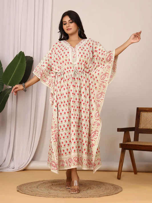 Sanganeri Tulip Flower Print Pastel Green & Red Cotton Kaftan