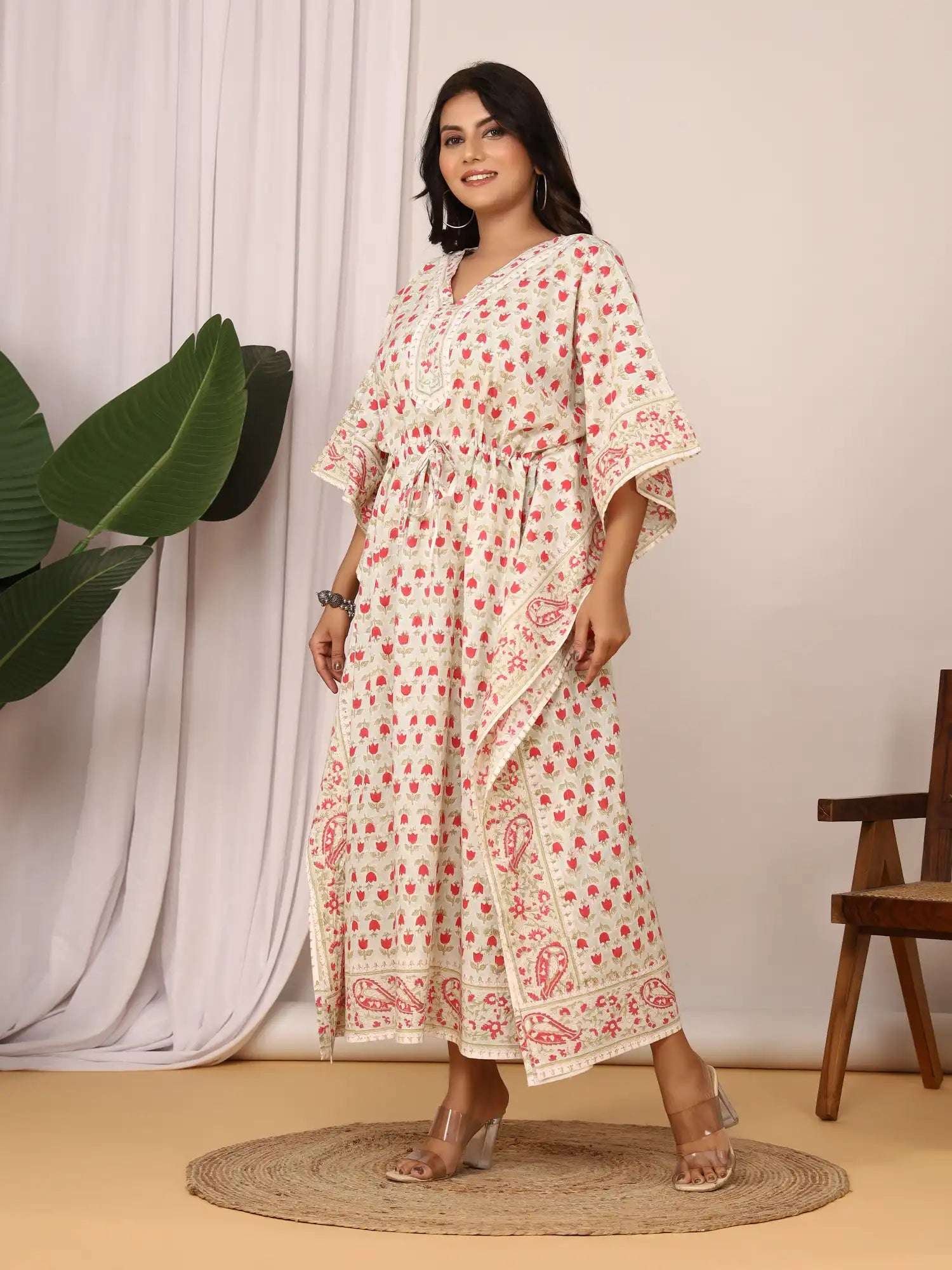 Sanganeri Tulip Flower Print Pastel Green & Red Cotton Kaftan