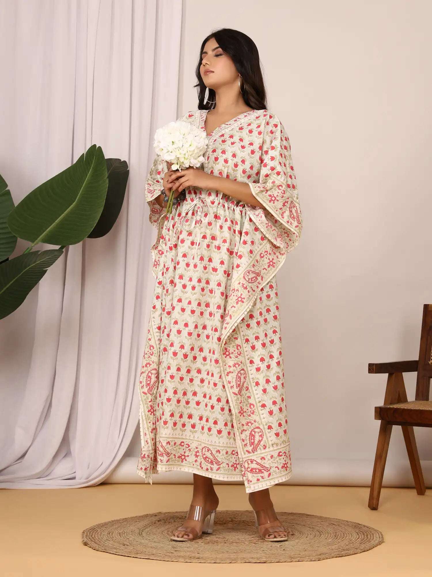 Sanganeri Tulip Flower Print Pastel Green & Red Cotton Kaftan