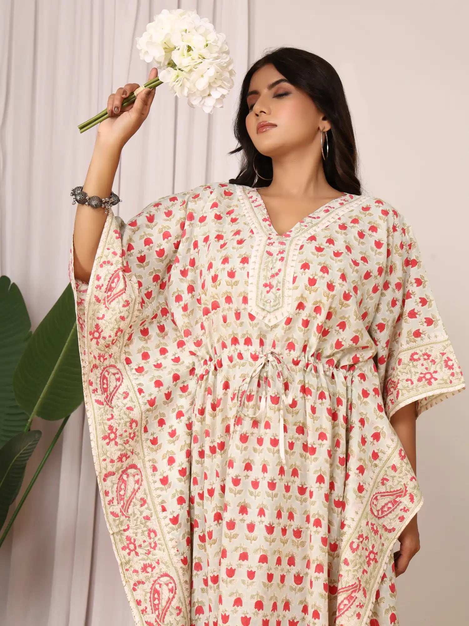 Sanganeri Tulip Flower Print Pastel Green & Red Cotton Kaftan
