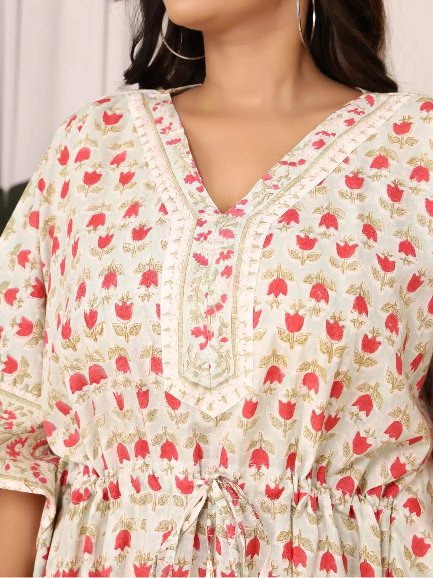 Sanganeri Tulip Flower Print Pastel Green & Red Cotton Kaftan