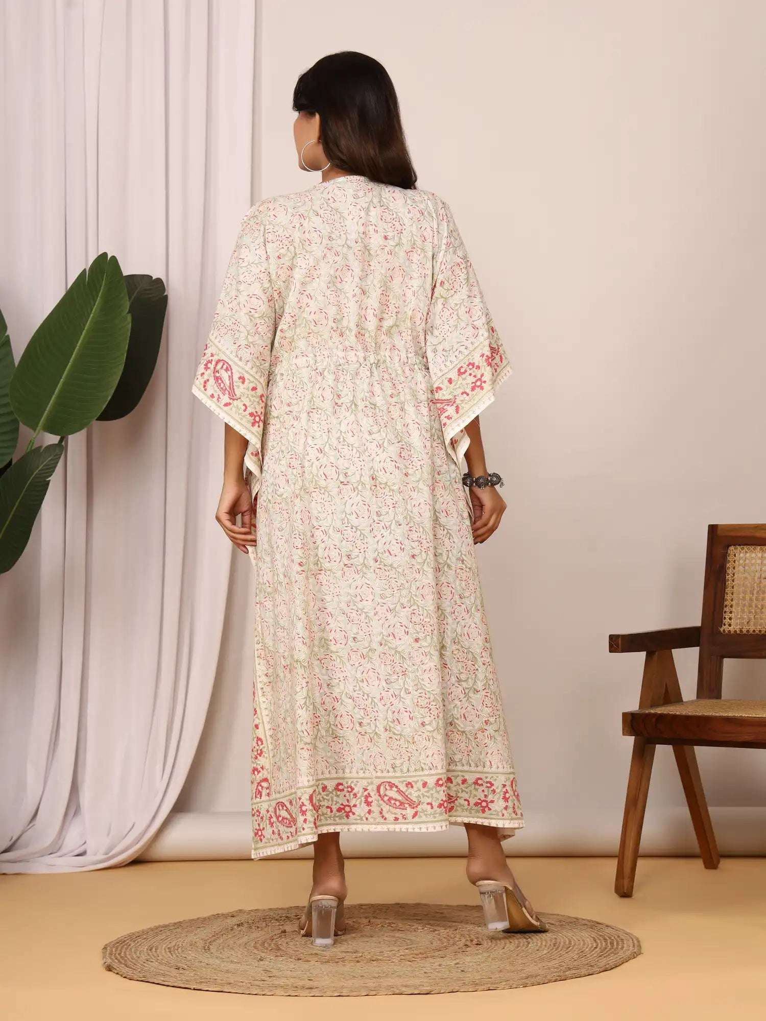 Sanganeri Floral Print Pastel Green Cotton Kaftan